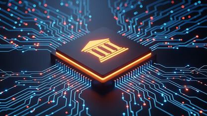 Digital bank icon on a glowing circuit board representing fintech and financial technology innovation image number null