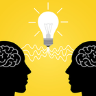 Silhouette of two heads facing each other with light bulb lit up in between them.
