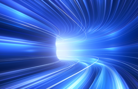  Glowing, blue, blurred streaks of light.