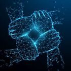 Digitized arms interlocking at the wrist to form a square.