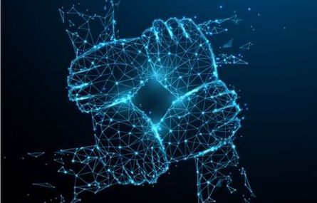Digitized arms interlocking at the wrist to form a square.
