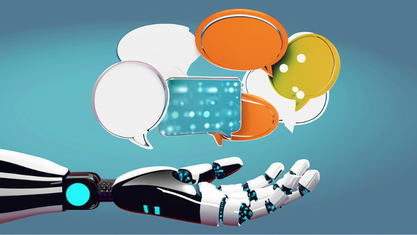 robotic hand holding thought bubbles image number null