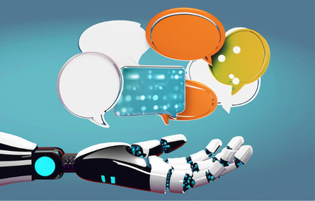 robotic hand holding thought bubbles