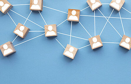 Wooden blocks with images of people, connected by a web.