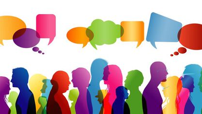 illustration of a group of people with talking bubbles above them image number null