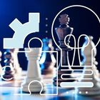 Image of chess pieces and board in background with icon of lightbulb, puzzle piece, and gear in foreground.