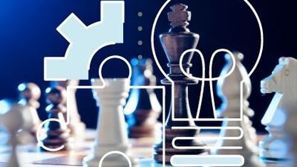 Image of chess pieces and board in background with icon of lightbulb, puzzle piece, and gear in foreground. image number null