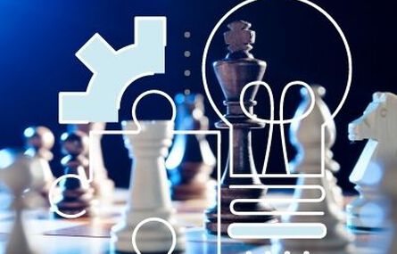 Image of chess pieces and board in background with icon of lightbulb, puzzle piece, and gear in foreground.