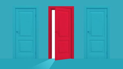 three doors next to each other, two are blue, closed and blending into the background, and one is red and open image number null
