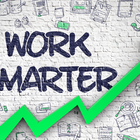 Brick wall that reads ‘Work Smarter’ and that includes illustrations of elements on how to maximize productivity and an arrow trending upward