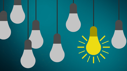 illustration of dark lighbulbs on string with one lit up image number null
