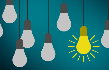 illustration of dark lighbulbs on string with one lit up