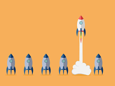 new venture development program Cartoon image of rocket ship taking off while five others sit on the ground next to it. image number null
