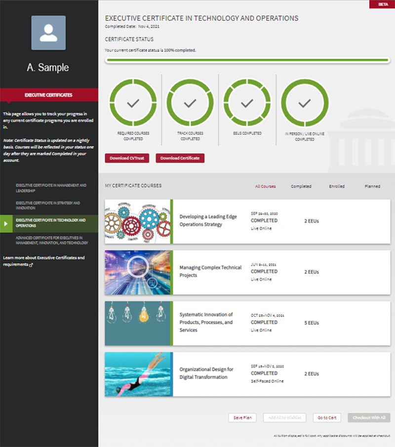 screenshot of a sample cert planner page