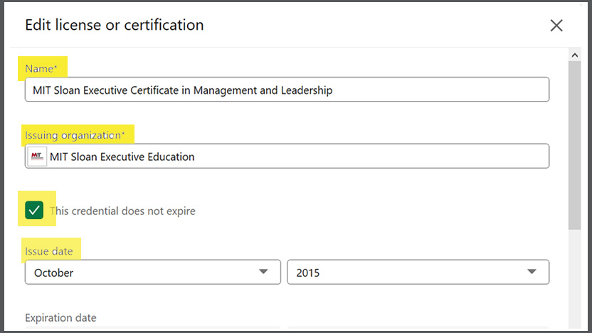 screenshot of LinkedIn page that shows Licenses & Certification fields