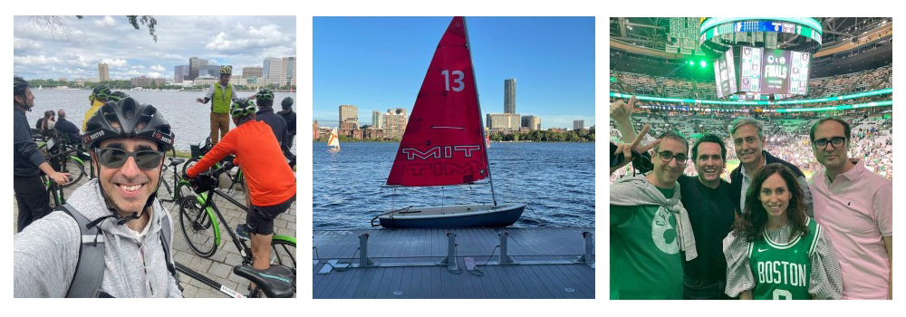 a trio of images depicting (L to right): Uri Barkan and fellow AMP participants on bikes along the Charles River Esplanade, an MIT sail boat on the Charles River, Uri and 4 other AMP participants in Celtics tshirts with TD Garden court/stadium in background