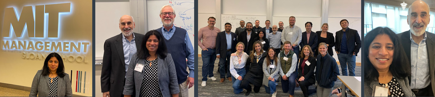 Collage of photos, Geetha at MIT Sloan, Geetha with MIT Sloan faculty John Sterman and J. Bradley Morrison, class photo, selfie with John Sterman