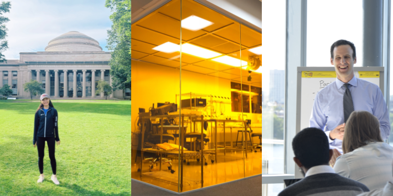 left to right, Emma Wang in front of the dome, MIT nano lab, Jared Curhan teaching