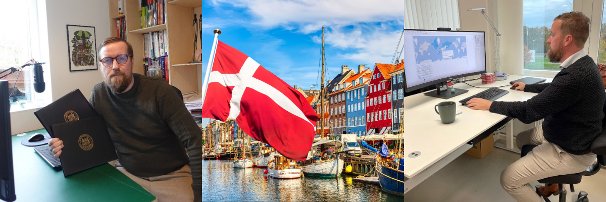 Collage of photos of Claus Bang with his MIT degrees, sitting at a desk at work and a photo of a harbor in Denmark