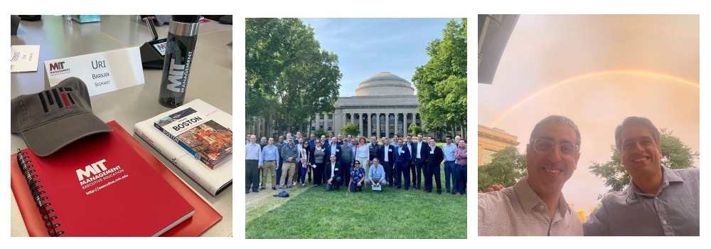 trio of images (L to R): classroom desk featuring name tag for Uri Barkan, MIT cap, water bottle, MIT folder, reading materials; AMP 2022 participants in front of the MIT Great Dome. Uri Barkan and fellow AMP participant posing for a selfie with a rainbow in the background