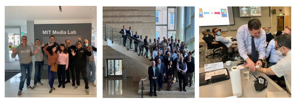 trio of images (L to R):  Uri Barkan with eight fellow AMP students in front of the MIT Media Lab, AMP 2022 attendees posing on stairs in the lobby of MIT Sloan building E62, classroom interior shot with faculty member demonstrating a lesson with an AMP participant at desk while other AMP participants observe at their desks in background