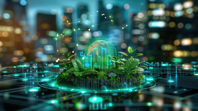 virtual board with terrarium on top and virtual buildings in it