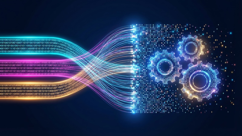 Agentic AI workflow, glowing data stream merges with digital gears futuristic creative concept