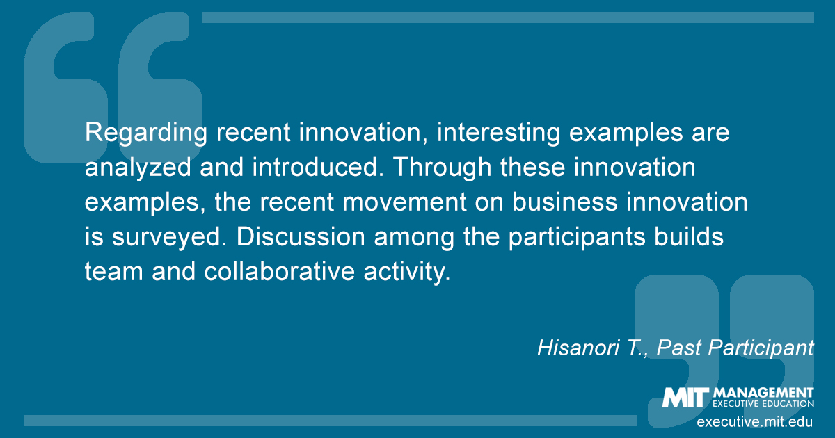 Regarding recent innovation, interesting examples are analyzed and introduced. Through these innovation examples, the recent movement on business innovation is surveyed. Discussion among the participants builds team and collaborative activity.