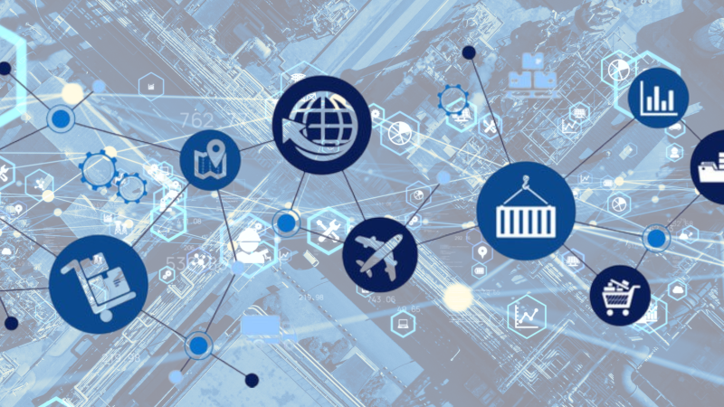 plane, shipment, package, and map, all in individual circles connected to each other by lines