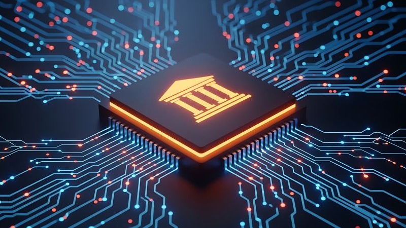 Digital bank icon on a glowing circuit board representing fintech and financial technology innovation