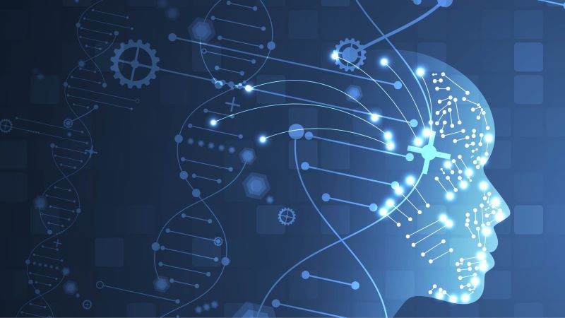 image with a DNA helix and AI robot face