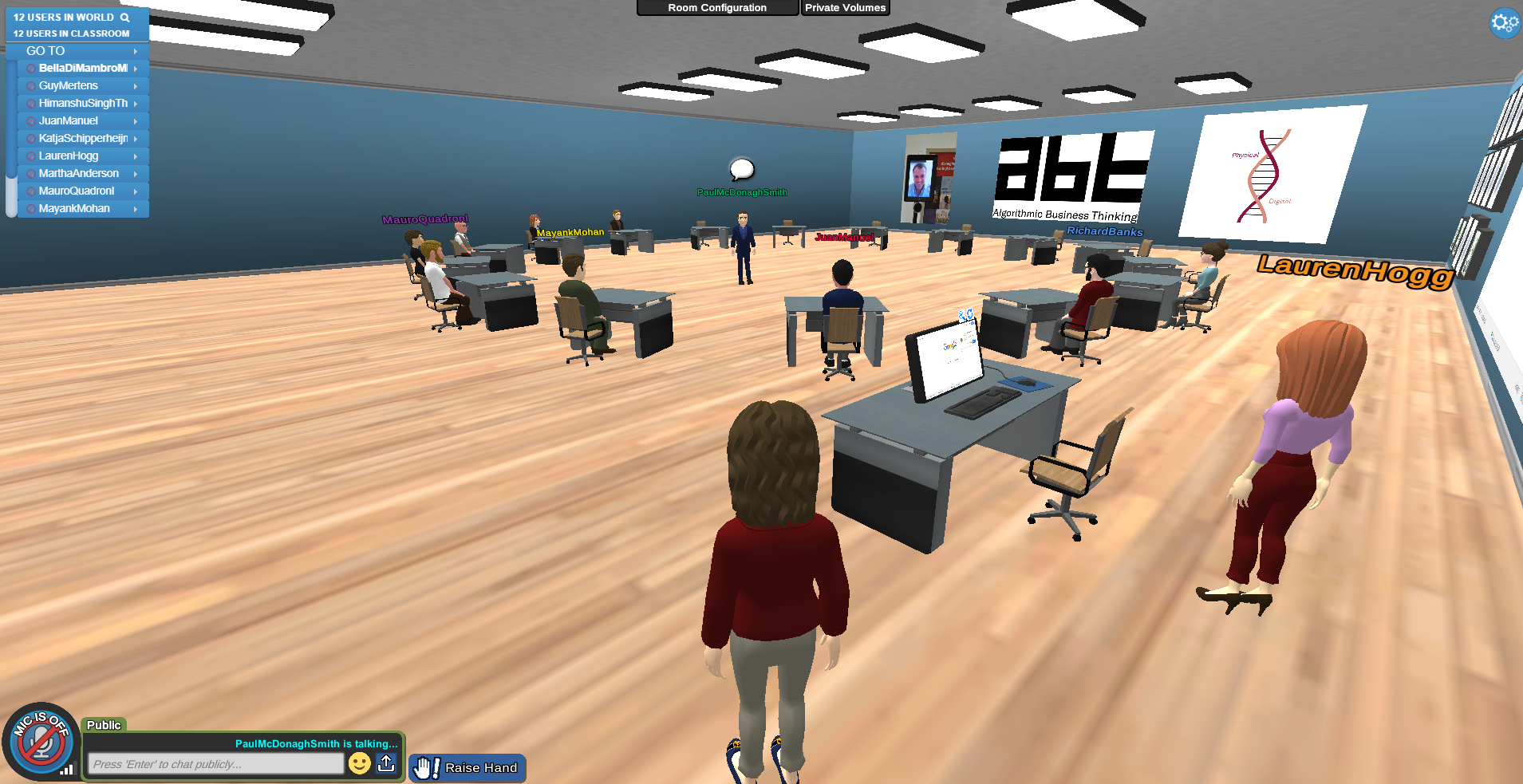 Student within MIT Sloan’s virtual center interacting with other students and faculty in a virtual simulation of a classroom.