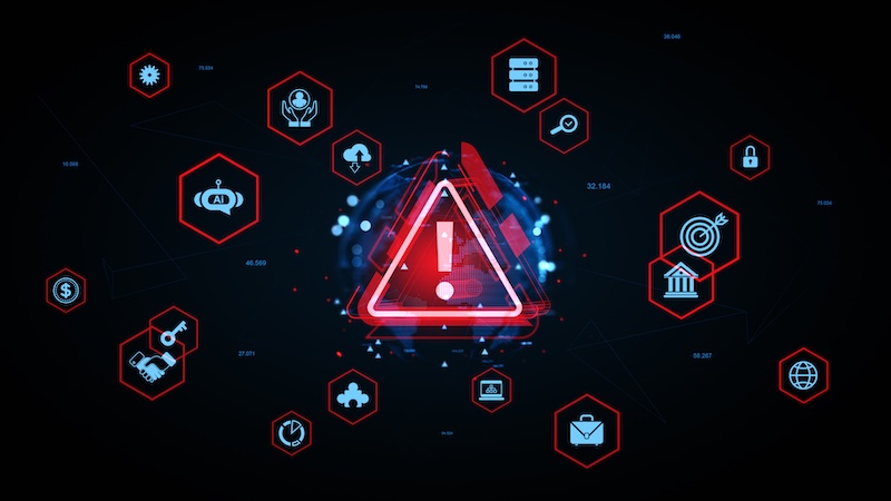 Alert icon with digital warning icons and AI symbols on a futuristic tech background concept for data protection and risk management
