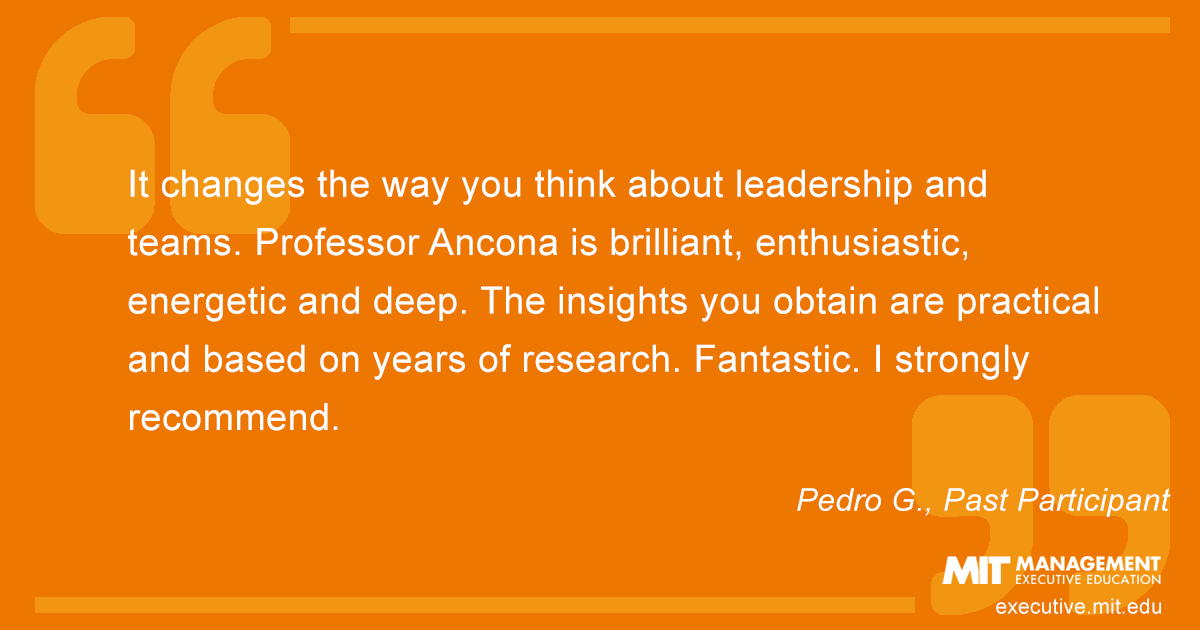 It changes the way you think about leadership and teams. Professor Ancona is brilliant, enthusiastic, energetic and deep. The insights you obtain are practical and based on years of research. Fantastic. I strongly recommend.