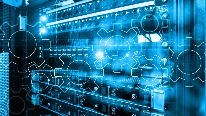 virtual cog wheels in front of data storage units