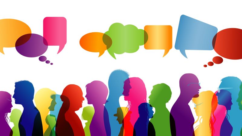 illustration of a group of people with talking bubbles above them